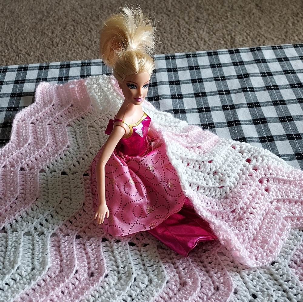 Baby doll play blanket crocheted 15 x 20 pink and white